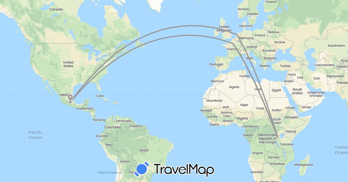 TravelMap itinerary: plane in France, Mexico, Netherlands, Rwanda (Africa, Europe, North America)